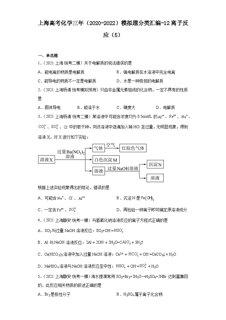 上海高考化学三年（2020-2022）模拟题分类汇编-12离子反应（5）第1页