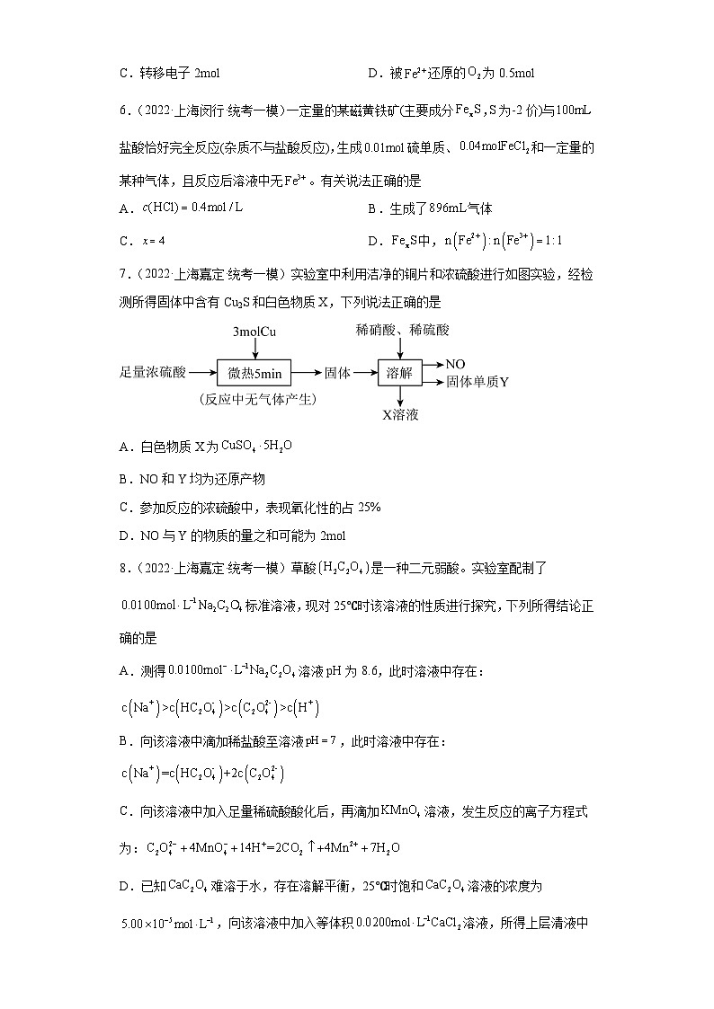 上海高考化学三年（2020-2022）模拟题分类汇编-14氧化还原反应（1）02