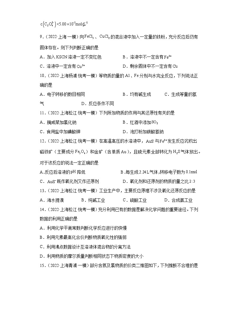 上海高考化学三年（2020-2022）模拟题分类汇编-14氧化还原反应（1）03