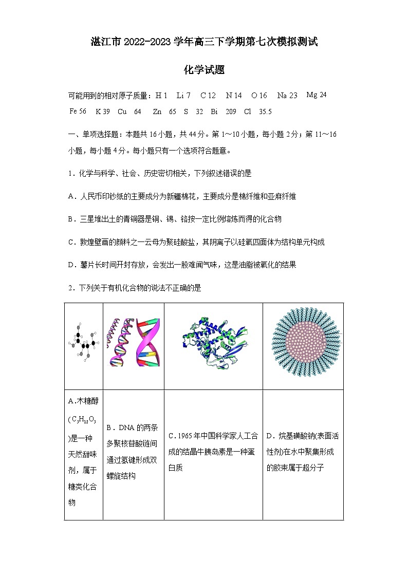 2022-2023学年广东省湛江市高三下学期第七次模拟测试化学试题含答案01