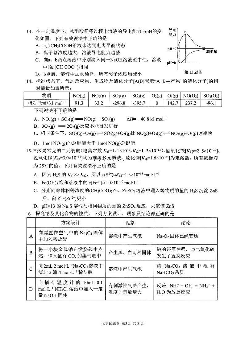 浙江省温州市2023届高三下学期三模化学试卷+答案03