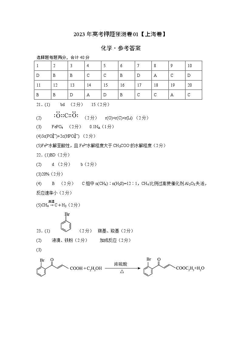 2023年高考押题预测卷01（上海卷）-化学（参考答案）01