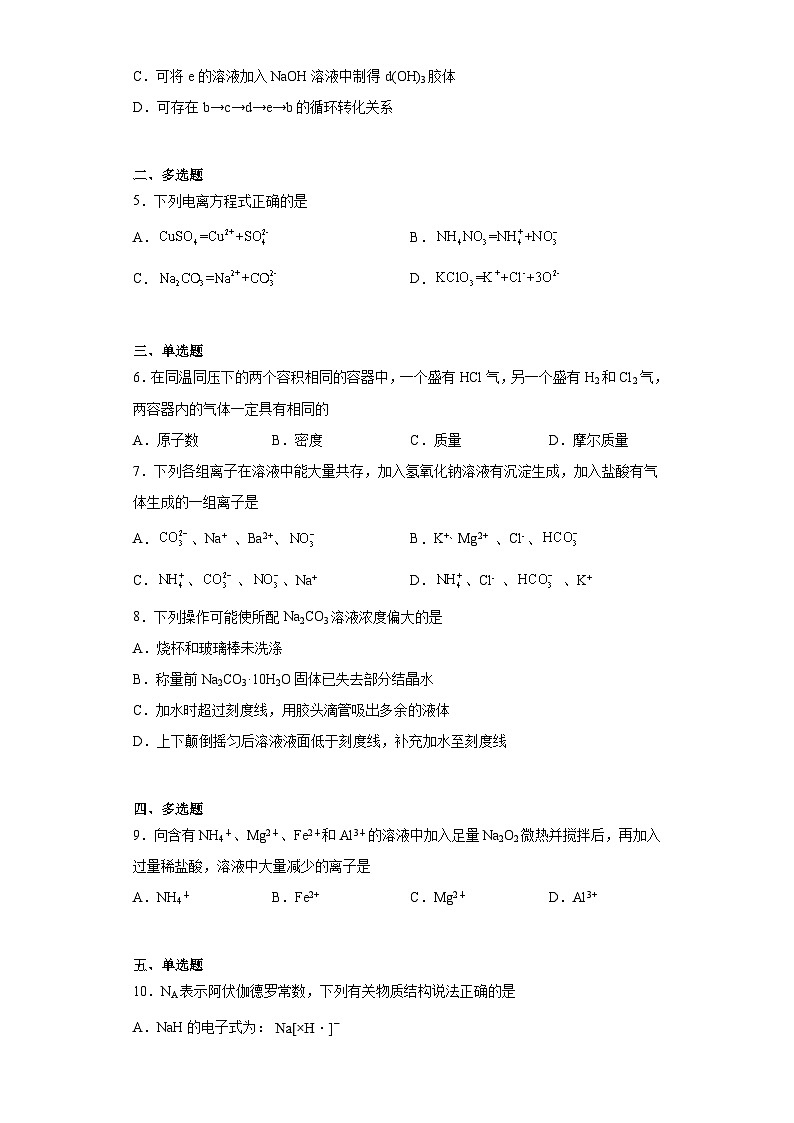 海南省白沙县2023届高三水平调研测试化学试题（含答案）02