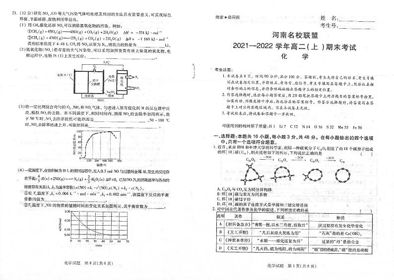 2021-2022学年河南省名校联盟高二上学期期末考化学试题PDF版含答案01