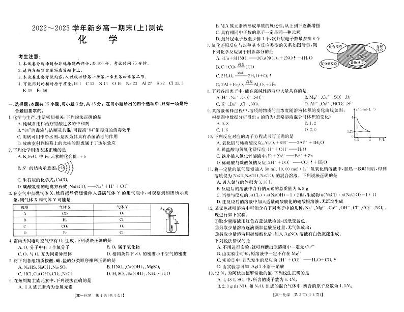 2022-2023学年河南省新乡市高一上学期期末考试 化学 PDF版01