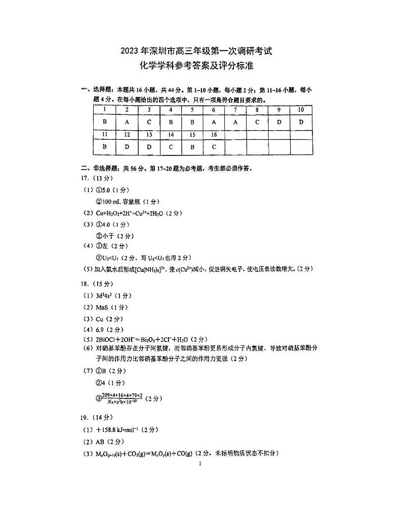 2022-2023学年广东省深圳市高三下学期第一次调研考试（一模）化学PDF版含答案01