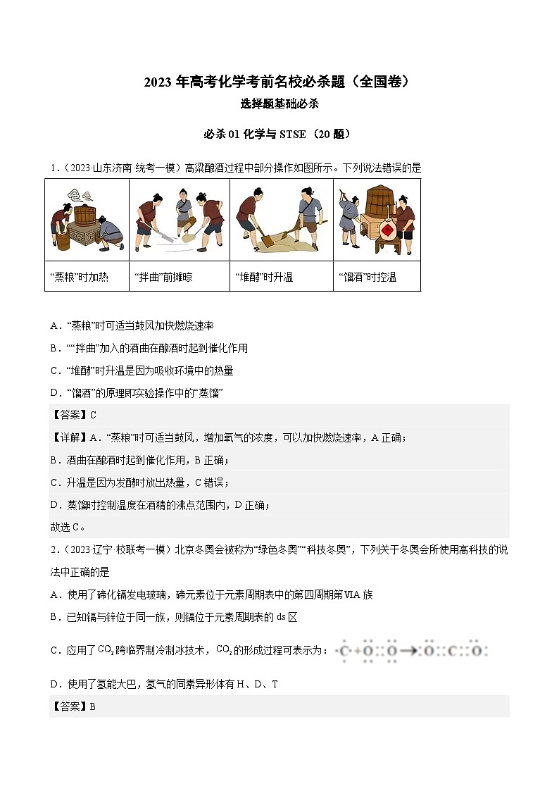 必刷题01 化学与STSE——【高考三轮冲刺】2023年高考化学考前20天冲刺必刷题（全国卷）（原卷版+解析版）01