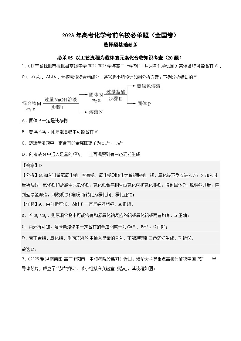 必刷题05 以工艺流程为载体的元素化合物知识考查——【高考三轮冲刺】2023年高考化学考前20天冲刺必刷题（全国卷）（原卷版+解析版）01
