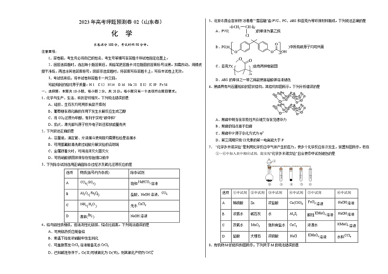 2023年高考押题预测卷02（山东卷）-化学（考试版）A3版第1页