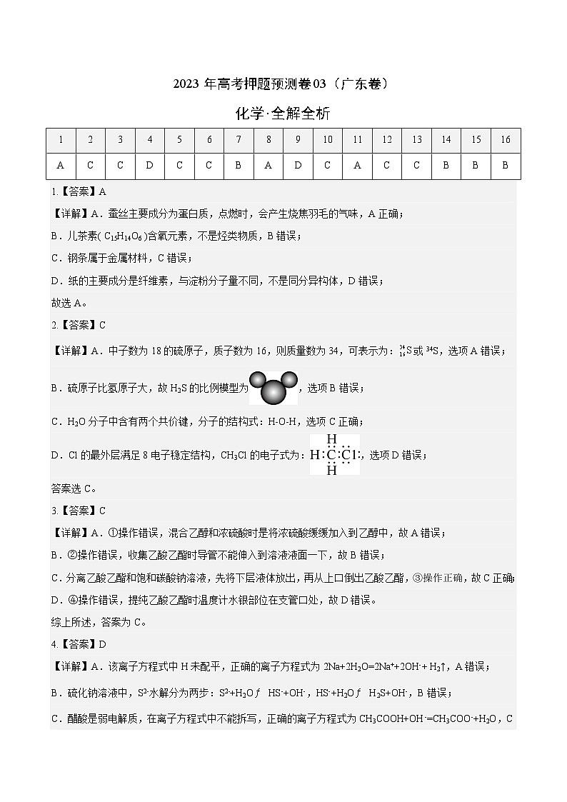 2023年高考押题预测卷03（广东卷）-化学（全解全析）01