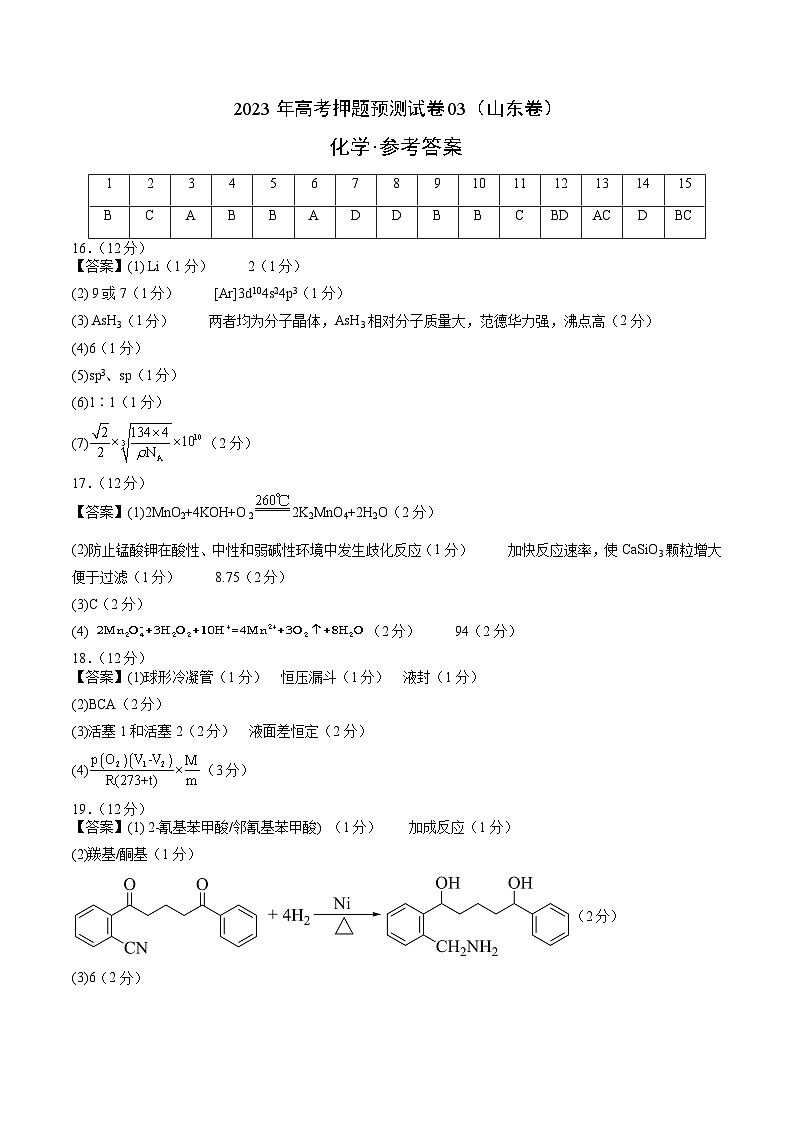 2023年高考押题预测卷03（山东卷）-化学（参考答案）第1页