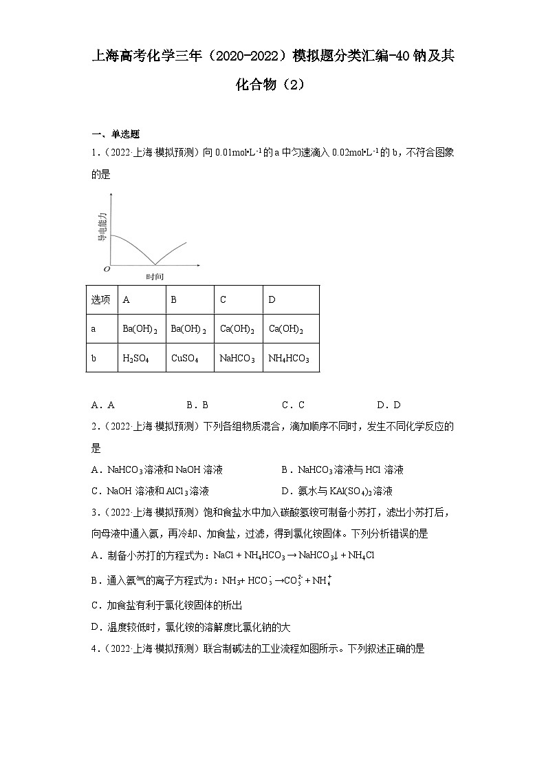 上海高考化学三年（2020-2022）模拟题分类汇编-40钠及其化合物（2）第1页