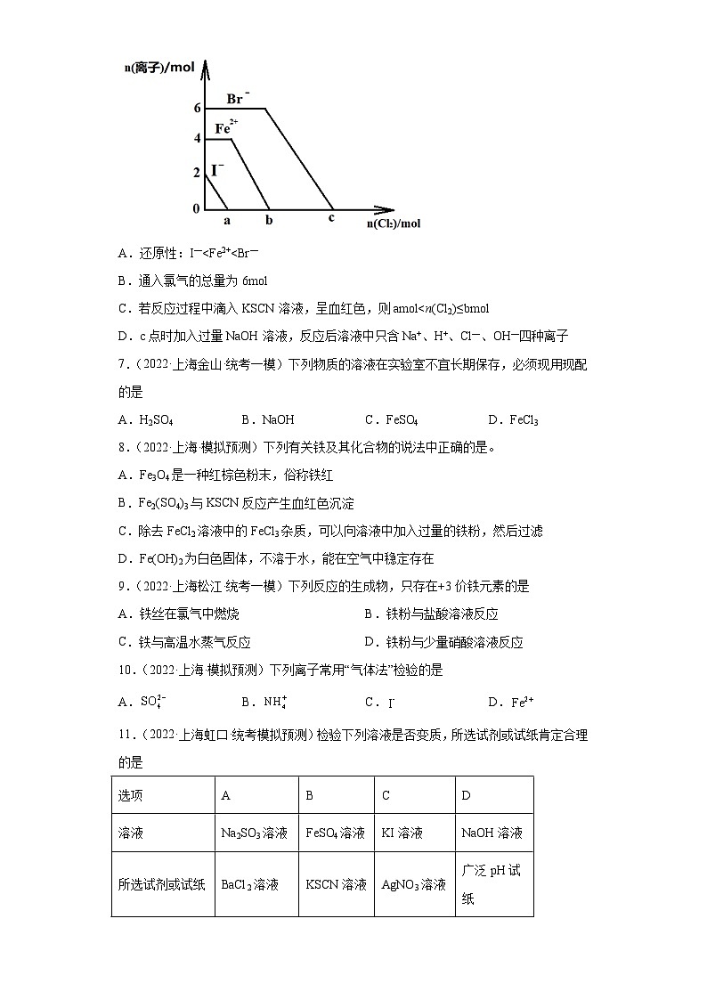 上海高考化学三年（2020-2022）模拟题分类汇编-49铁及其化合物（2）02