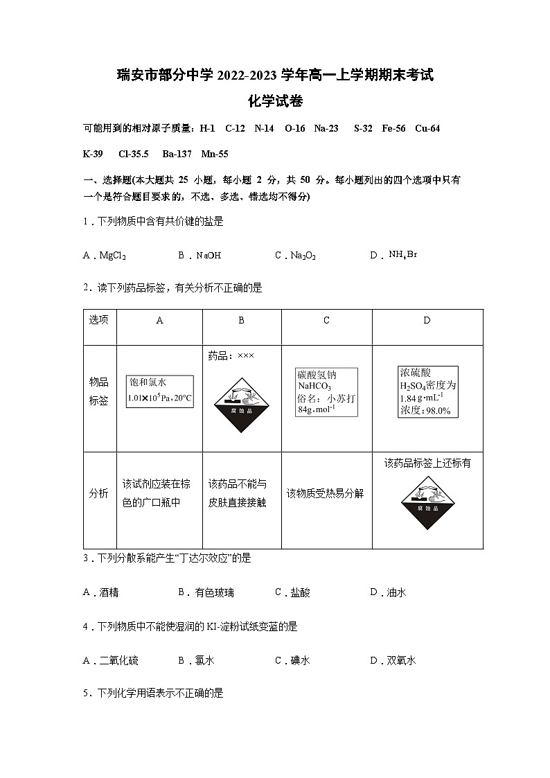 浙江省瑞安市部分中学2022-2023学年高一化学上学期期末考试试题（Word版附答案）01