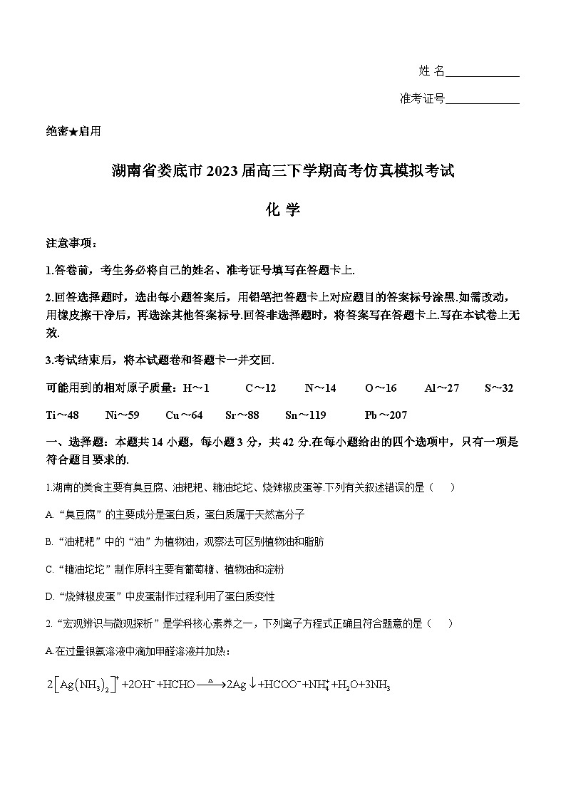 2023届湖南省娄底市高三下学期高考仿真模拟考试（四模）化学试题含解析第1页