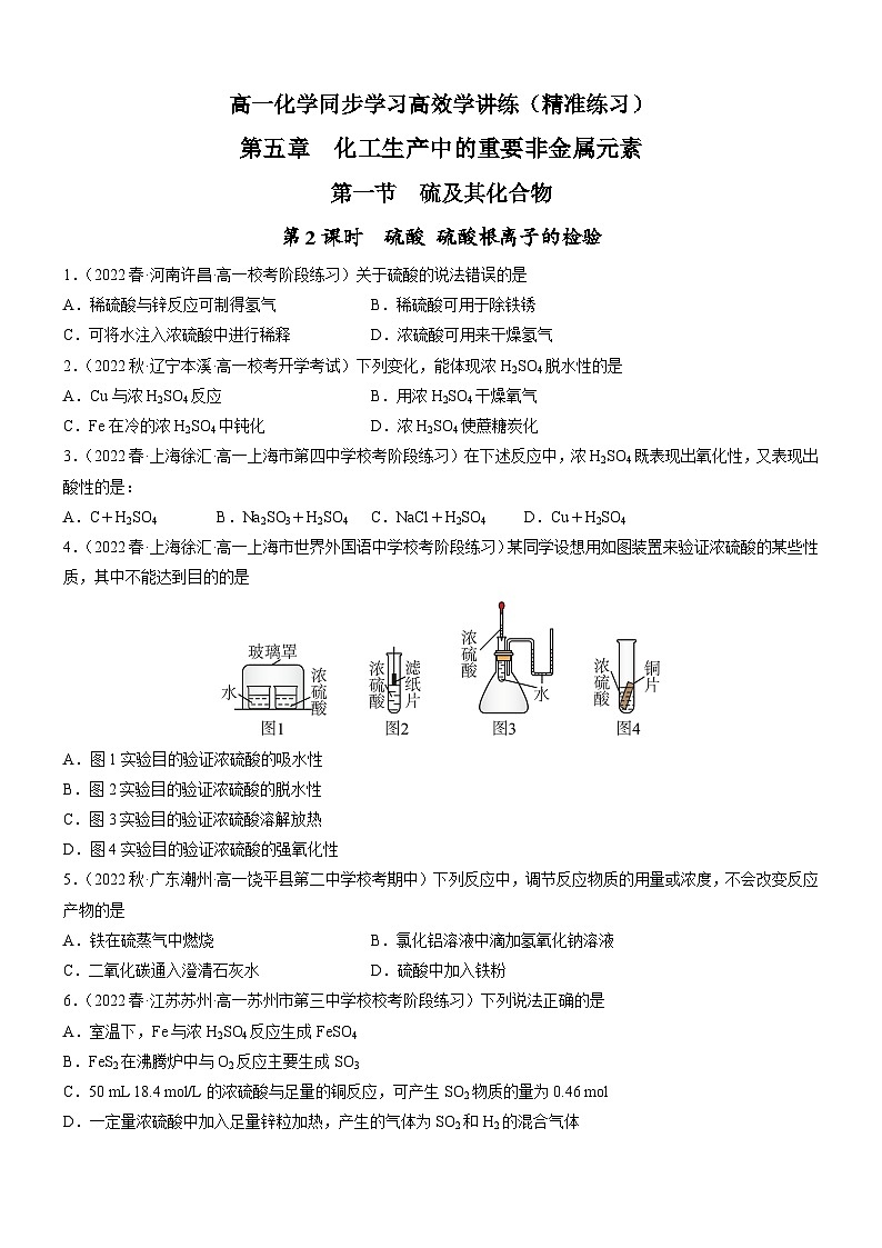 5.1.2 硫酸  硫酸根离子的检验（精准练习）-高一化学同步学习高效学讲练（人教版必修第二册）01