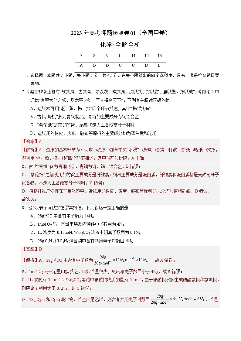 2023年高考化学押题卷01（全国甲卷）（全解全析）第1页