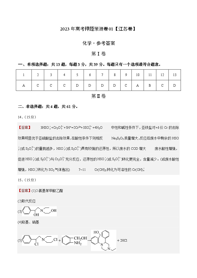 2023年高考化学押题卷01（江苏卷）（参考答案）第1页