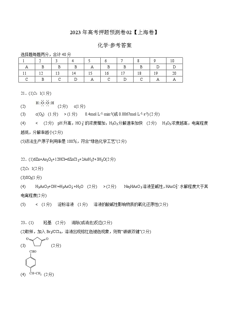 2023年高考化学押题卷02（上海卷）（含考试版、全解全析、参考答案、答题卡）01