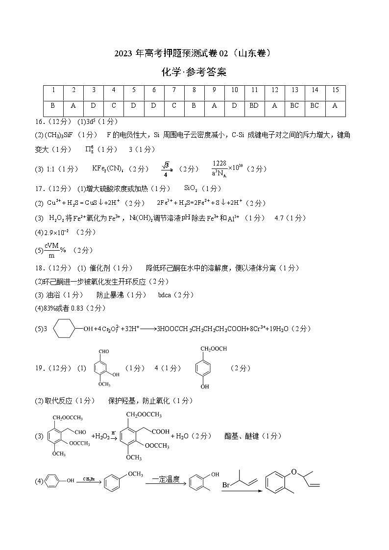2023年高考化学押题卷02（山东卷）（含考试版、全解全析、参考答案、答题卡）01