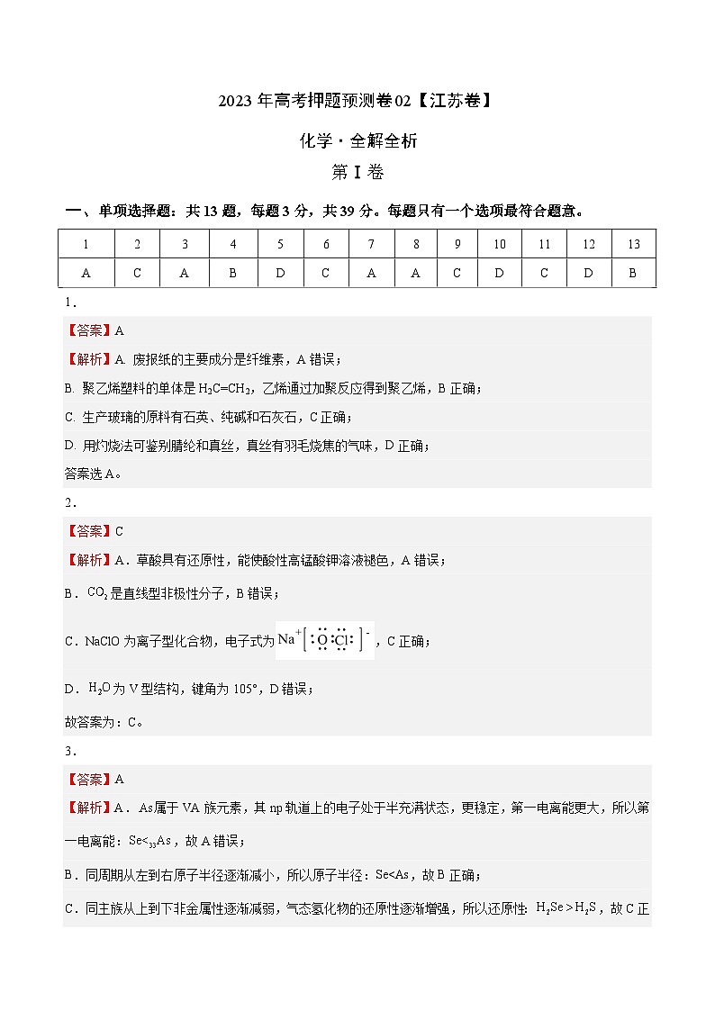 2023年高考化学押题卷02（江苏卷）（全解全析）第1页