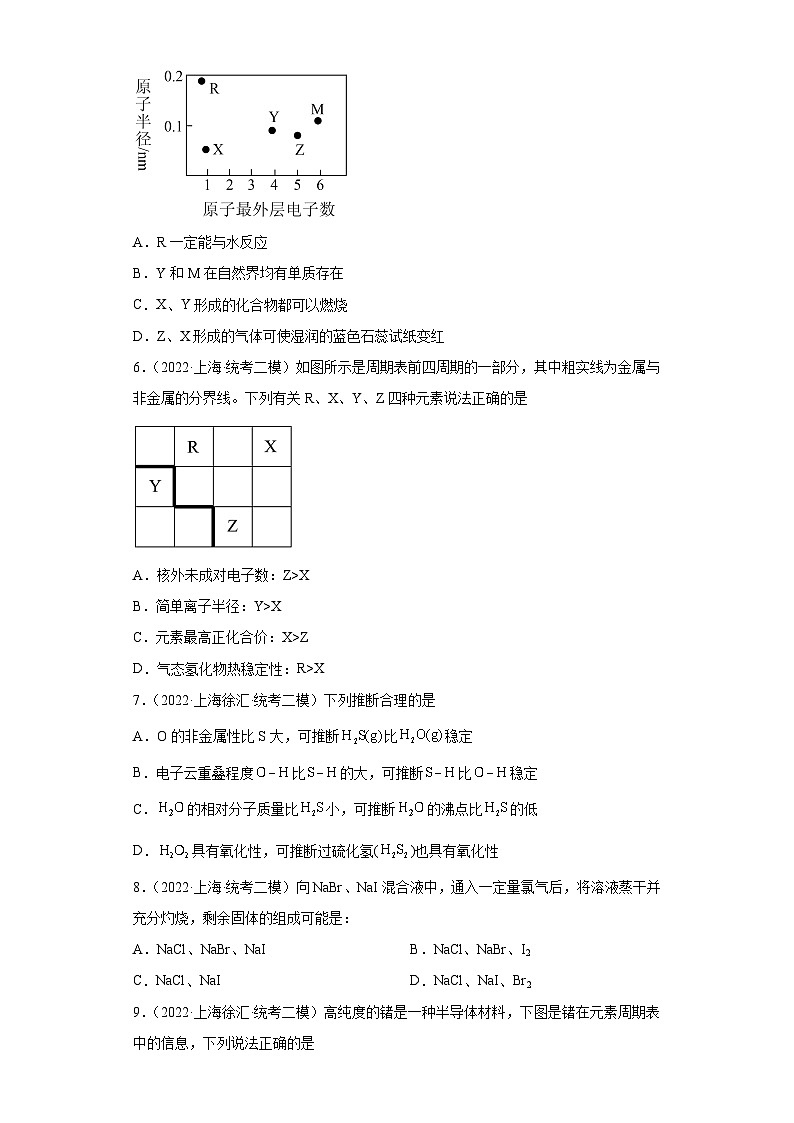 上海高考化学三年（2020-2022）模拟题分类汇编-116元素周期表，元素周期率（2）02