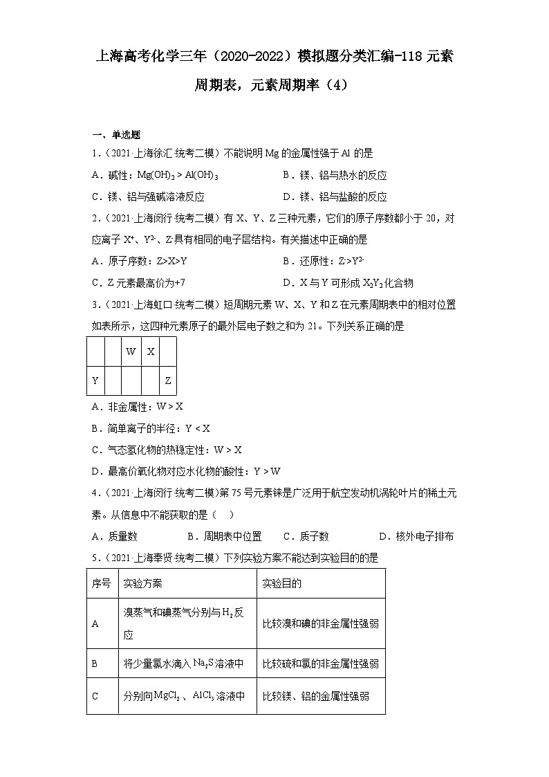上海高考化学三年（2020-2022）模拟题分类汇编-118元素周期表，元素周期率（4）01