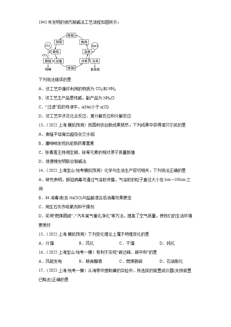 上海高考化学三年（2020-2022）模拟题分类汇编-153化学与STSE（3）03