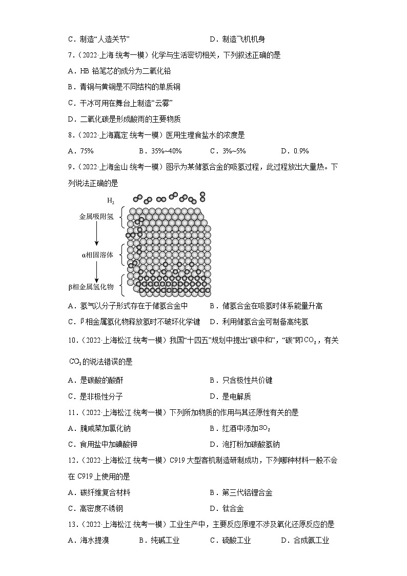 上海高考化学三年（2020-2022）模拟题分类汇编-151化学与STSE（1）02