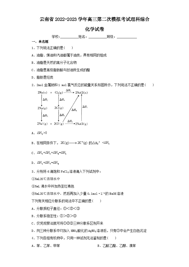 云南省2022-2023学年高三第二次模拟考试理科综合化学试卷（含解析）第1页