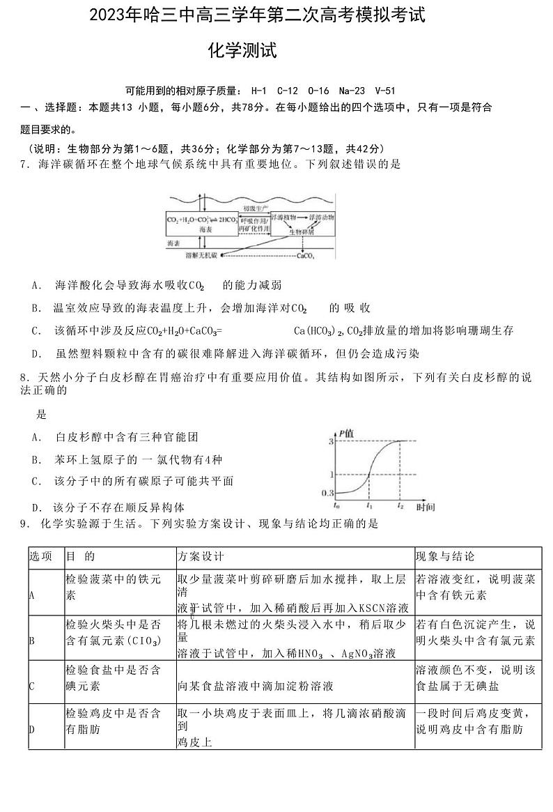 2023年哈三中高三学年第二次高考模拟考试(化学)试卷第1页