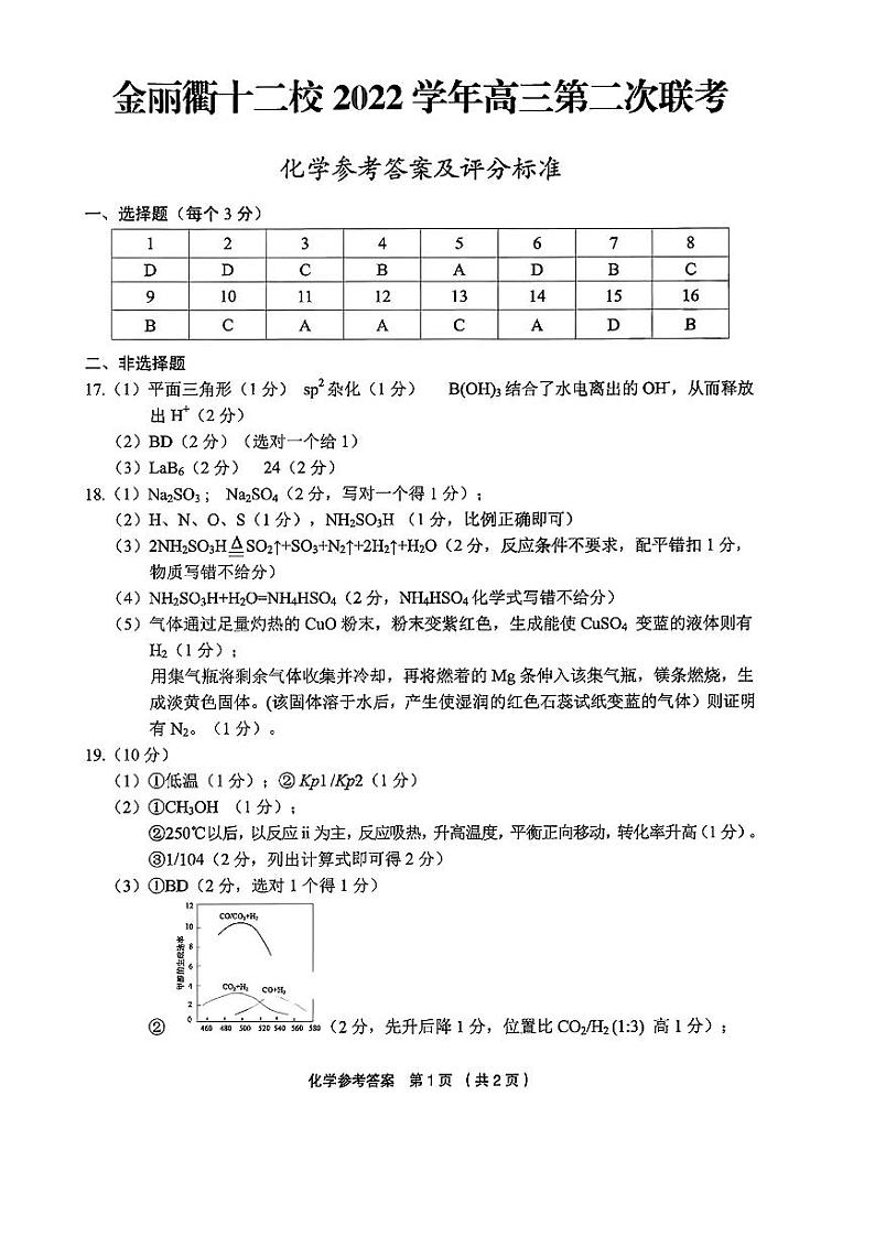 浙江省金丽衢十二校2022-2023学年高三下学期第二次联考化学答案 试卷01