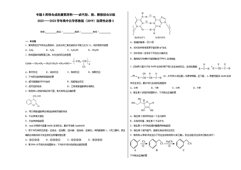 专题5药物合成的重要原料——卤代烃、胺、酰胺综合训练01