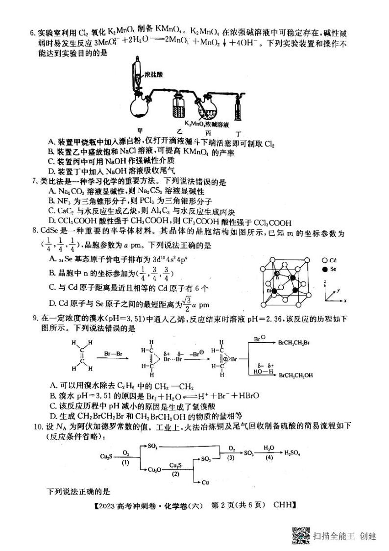 2023年重庆市普通高中学业水平选择性考试化学冲刺卷（六） PDF版02
