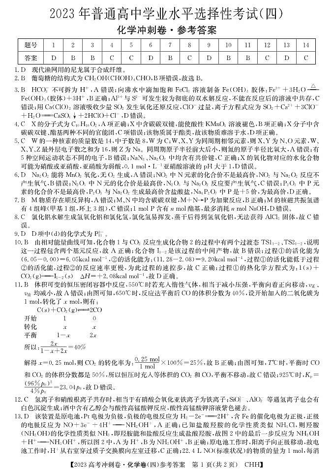 2023年重庆市普通高中学业水平选择性考试化学冲刺卷（四） PDF版01