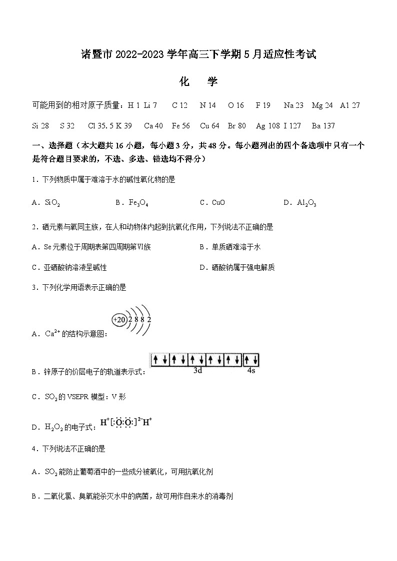 2022-2023学年浙江省绍兴市诸暨市高三下学期5月适应性考试化学试题含答案01