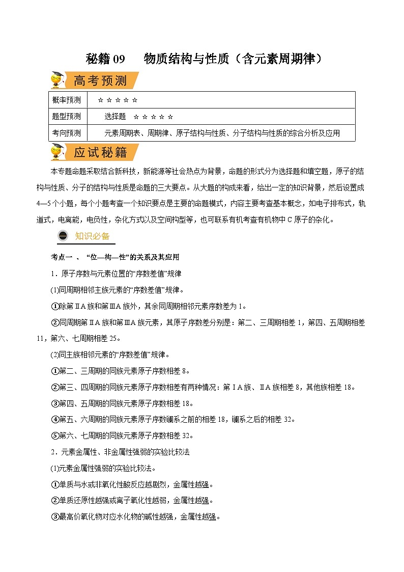 秘籍09 物质结构与性质（含元素周期律）-备战2023年高考化学抢分秘籍（新高考专用） 试卷01