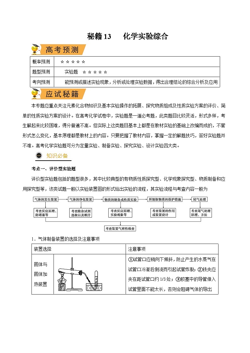 秘籍13 化学实验综合-备战2023年高考化学抢分秘籍（新高考专用） 试卷01