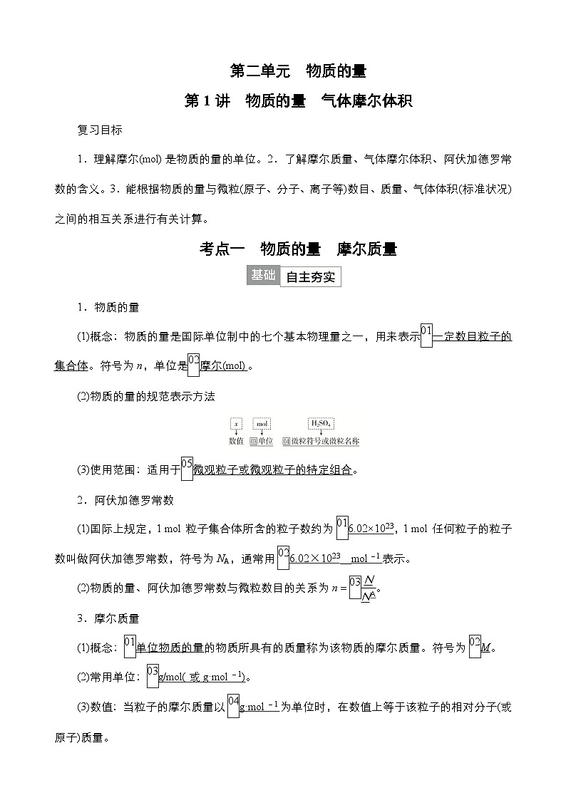 2024年高考化学一轮总复习  第2单元 第1讲　物质的量　气体摩尔体积（含高考真题和课后作业）（教师版 ）第1页