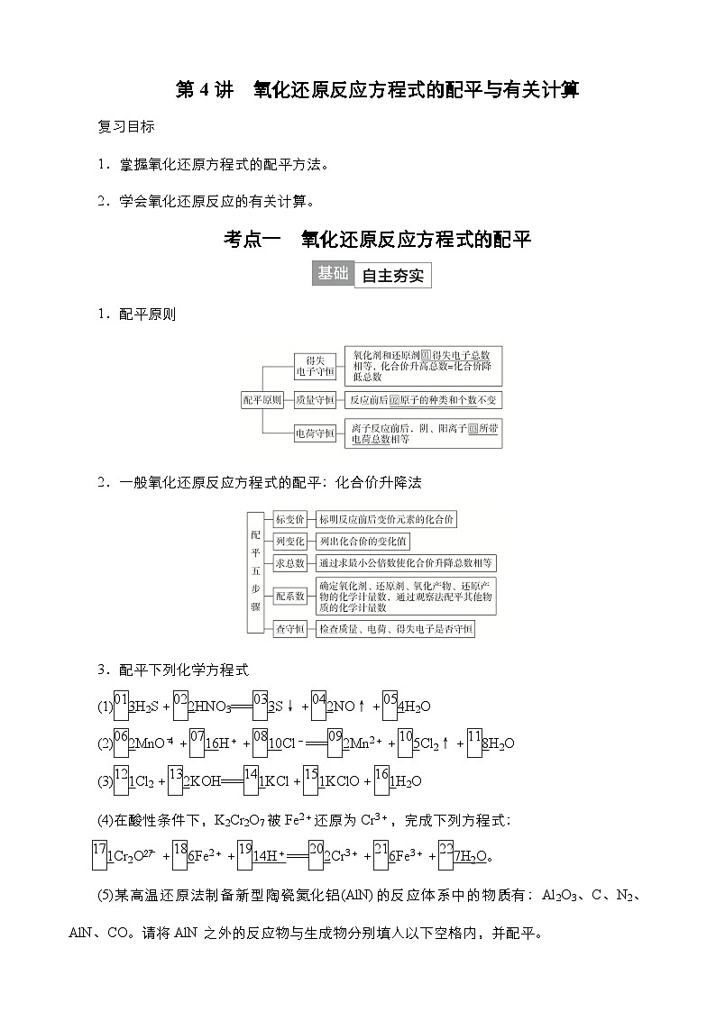 2024年高考化学一轮总复习 第1单元  第4讲　氧化还原反应方程式的配平与有关计算   学案（含高考真题和课后作业）（教师版 ）第1页