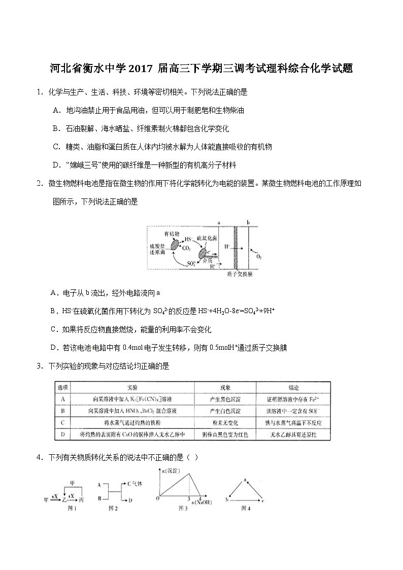 精品解析：【全国百强校】河北省衡水中学2017届高三下学期三调考试理综化学试题解析（原卷版）第1页