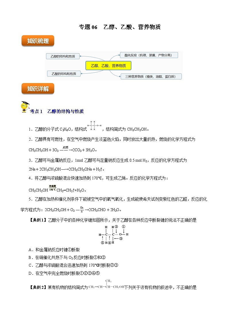 专题06  乙醇、乙酸、营养物质（知识串讲+专项练习）-2022-2023学年高一化学下学期期末考点大串讲（沪科版2020必修第二册）01