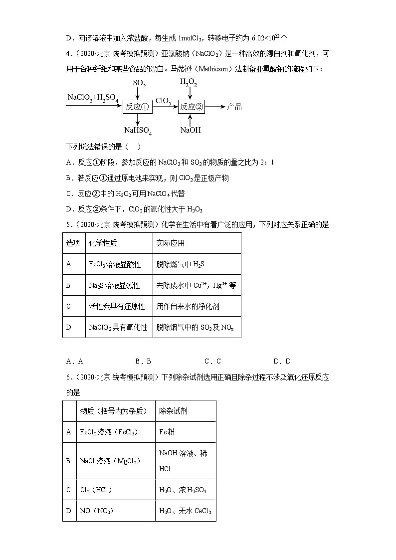 北京市高考化学三年（2020-2022）模拟题分类汇编20氧化还原反应（8）02