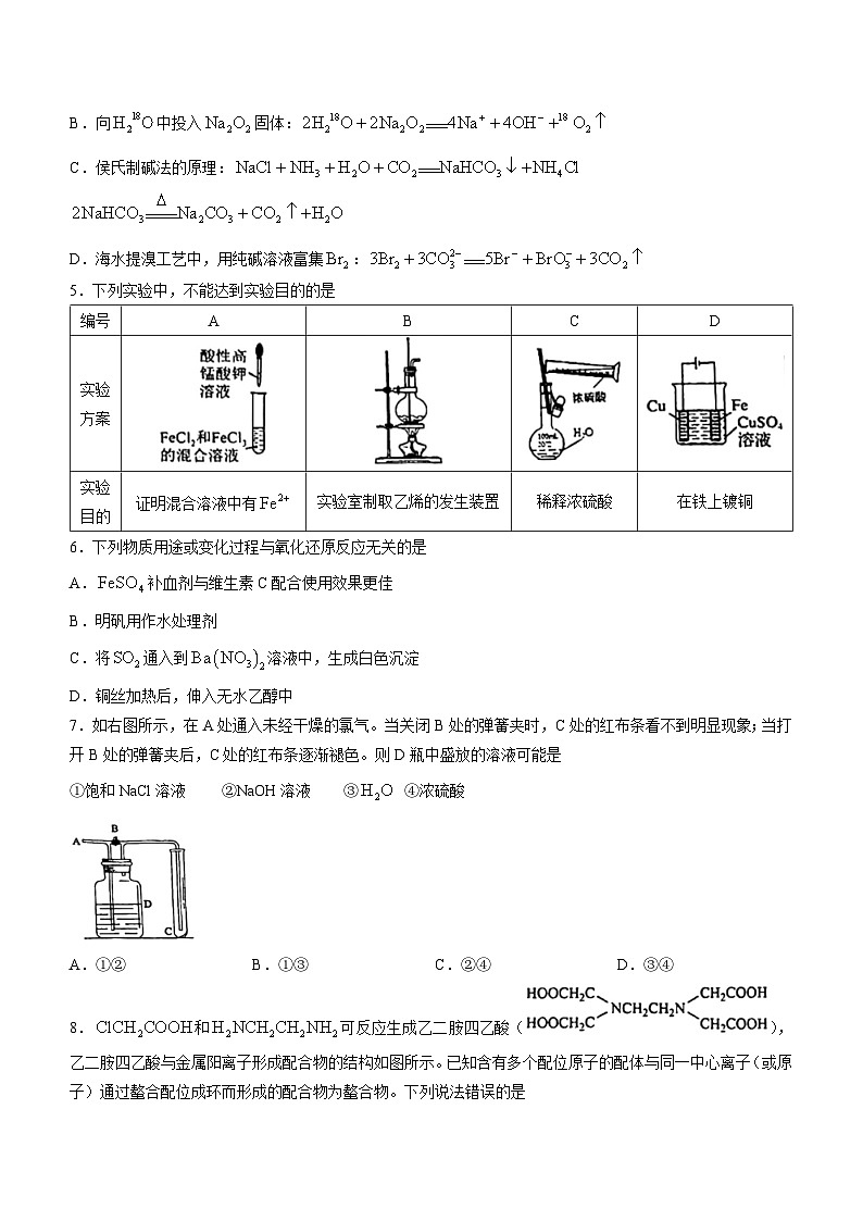 北京市顺义一中2023届高三下学期保温练习模拟考试化学试题(无答案)02