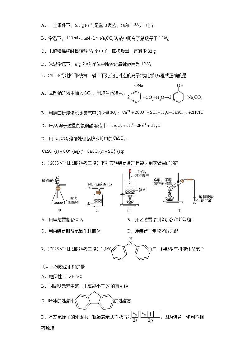 河北省邯郸市2021届-2023届高考化学三年模拟（二模）按题型分类汇编-01选择题02
