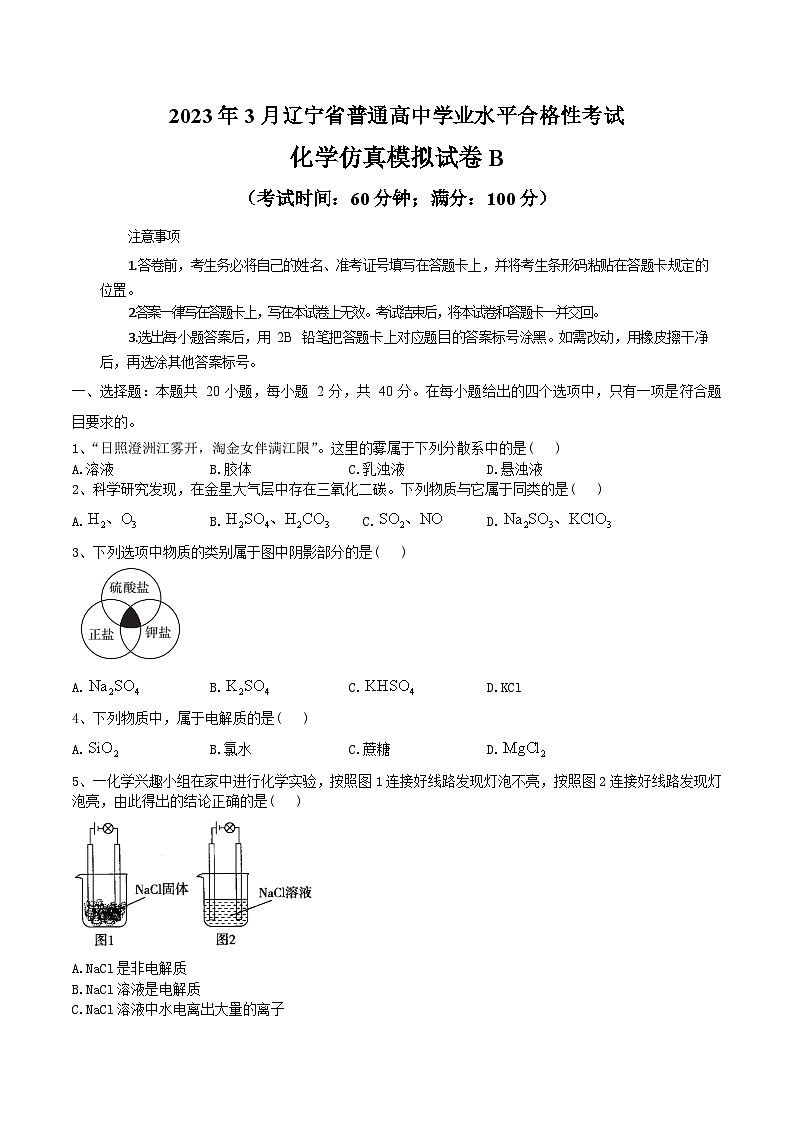 2023年3月辽宁省普通高中学业水平合格性考试化学模拟卷（二）（考试版）第1页