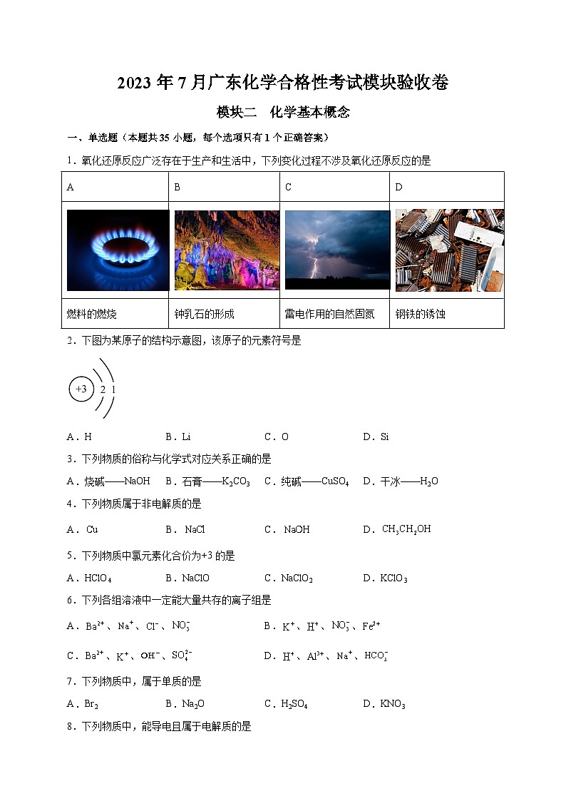 模块二 化学基本概念——2023年7月广东省普通高中化学学业水平合格性考试专项检测卷（原卷版）第1页