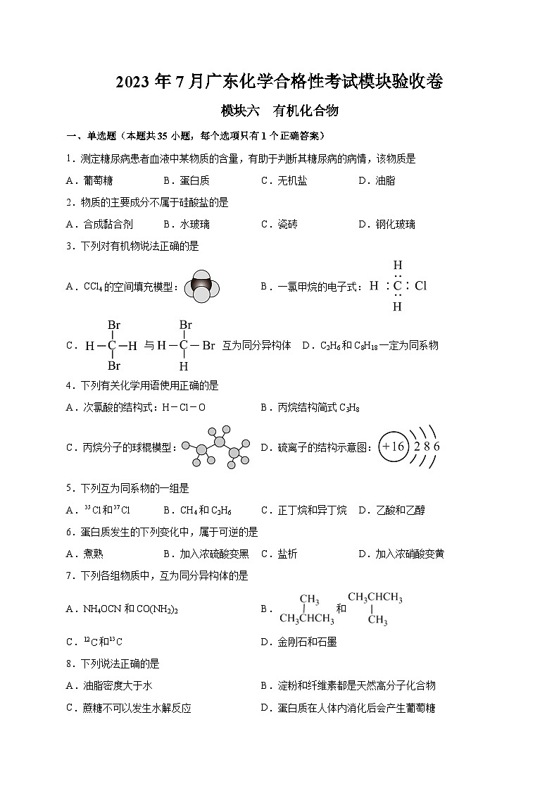 模块六 有机化合物——2023年7月广东省普通高中化学学业水平合格性考试专项检测卷（解析版）第1页
