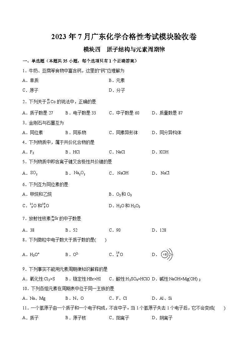 模块四 原子结构与元素周期律——2023年7月广东省普通高中化学学业水平合格性考试专项检测卷01