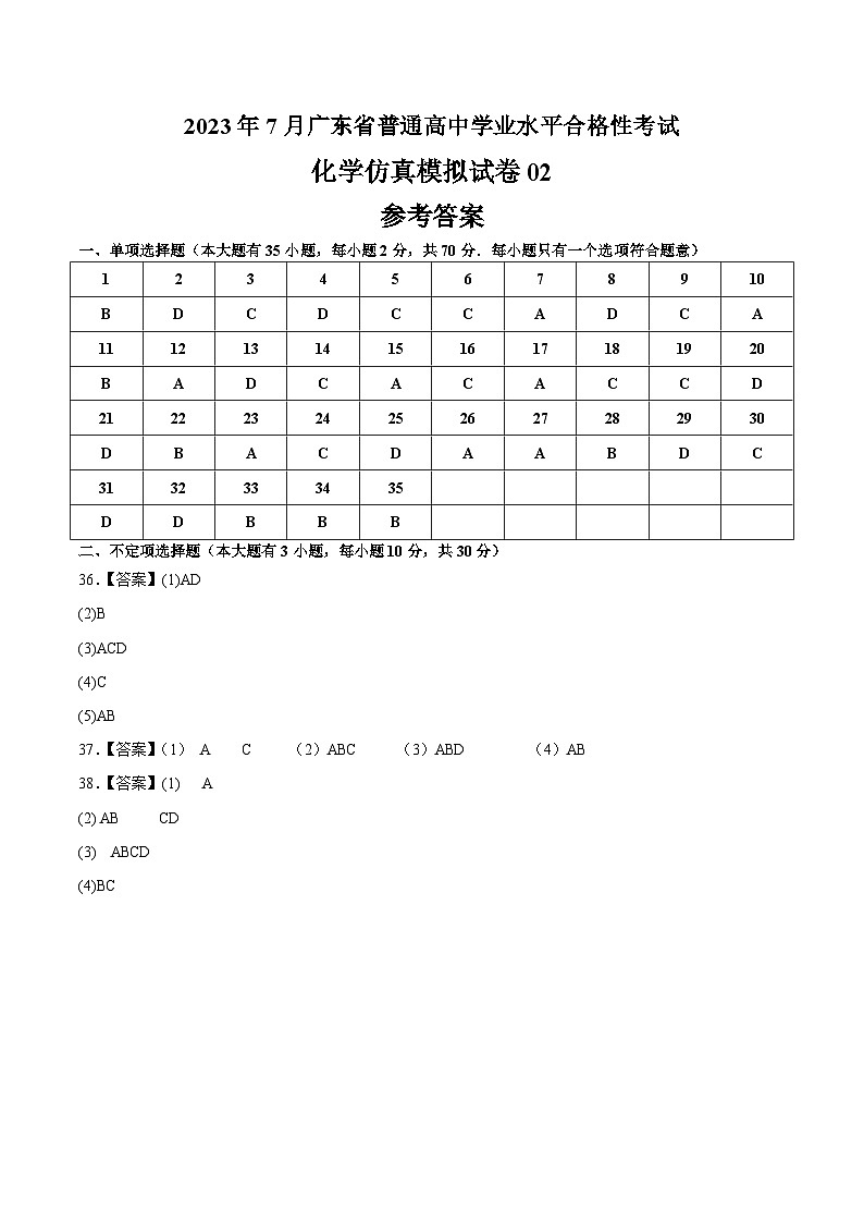 2023年7月广东省普通高中学业水平合格性考试化学模拟卷02（参考答案）第1页